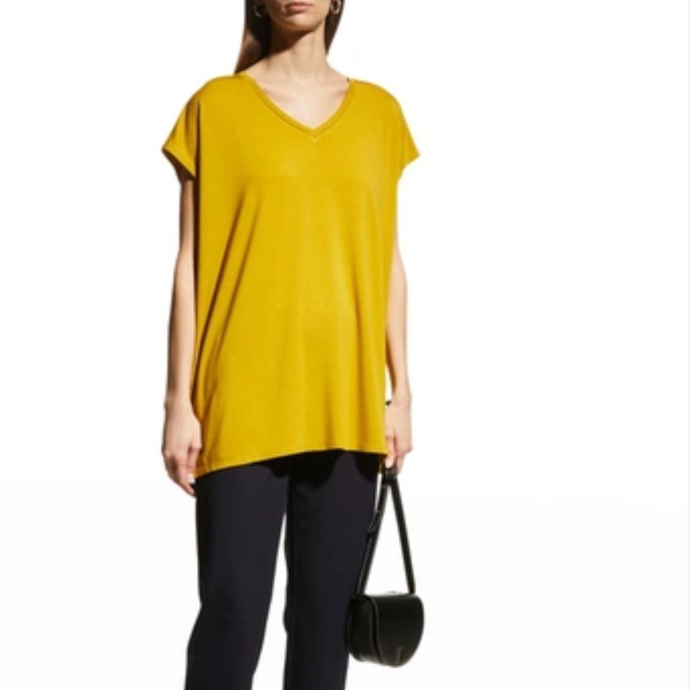 Eileen Fisher V-neck Fine Jersey Mustard Top Size 1X